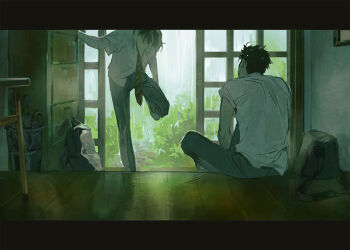 2boys backpack bag black_hair blonde_hair collared_shirt grey_pants haikyuu!! huangdanlan indoors kozume_kenma kuroo_tetsurou looking_at_another male_focus multicolored_hair multiple_boys pants rain removing_shoes shirt short_hair sitting standing standing_on_one_leg two-tone_hair unworn_bag wet wet_clothes wet_hair white_shirt