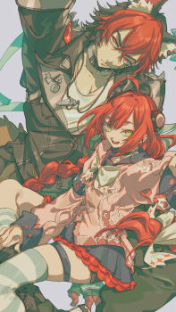 1boy 2girls animal_ears black_hair black_jacket collarbone commentary_request dog_boy dog_ears dog_tail green_eyes highres jacket komano_manato multicolored_hair multiple_girls muscular muscular_male neck pectoral_cleavage pectorals pink_sweater red_hair ribbon shirt size_difference sweater tail twintails ukinami_yuzuha white_ribbon white_shirt yamazaki_tsukune zenless_zone_zero