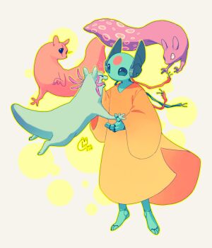 1girl androgynous android blue_skin brown_background closed_eyes colored_skin creature dated floating full_body highres hunter_(rain_world) iterator_(rain_world) izz_owooo joints looks_to_the_moon metal_skin no_mouth open_mouth rain_world rivulet_(rain_world) robe robot_joints scar scar_across_eye scar_on_face signature slugcat spearmaster_(rain_world) standing tail wide_sleeves yellow_robe