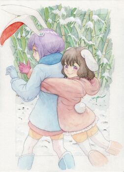 2girls animal_ears bamboo black_hair blue_boots blue_coat blue_gloves boots border coat commentary_request dated_commentary feet_out_of_frame floppy_ears gloves highres hug hug_from_behind inaba_tewi looking_back multiple_girls orange_boots painting_(medium) pink_coat pink_skirt purple_eyes purple_hair rabbit_ears rabbit_girl rabbit_tail red_gloves reisen_udongein_inaba short_hair sideways_glance signature skirt snow tail thighhighs thighs touhou traditional_media uryan! watercolor_(medium) white_border white_thighhighs winter winter_clothes zettai_ryouiki