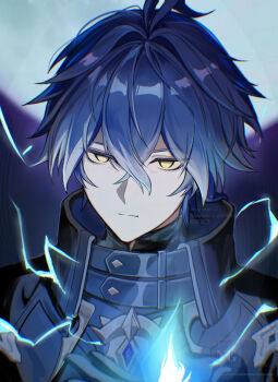 1boy ahoge antenna_hair artist_name bags_under_eyes black_coat blue_fire blue_gemstone blue_hair blurry blurry_background chest_jewel close-up closed_mouth coat collared_coat commentary_request electricity expressionless fire flins_(genshin_impact) gem genshin_impact glowing gradient_hair hair_intakes head_tilt high_collar highres huge_ahoge long_hair long_sleeves looking_at_viewer miyanami_3 moon multicolored_hair night night_sky no_pupils outdoors powering_up sky solo standing upper_body watermark wavy_hair yellow_eyes