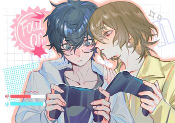 2boys akechi_gorou amamiya_ren black_hair black_shirt blue_eyes blush brown_hair collarbone controller english_text game_controller glasses highres holding holding_controller holding_game_controller jacket lccc looking_down male_focus multiple_boys persona persona_5 red_eyes shirt upper_body white_jacket yaoi yellow_shirt
