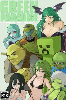 3boys 5girls absurdres armor artificial_eye artist_name asui_tsuyu bald bat_wings bikini black_bikini black_bra black_hair black_leotard blue_shirt boku_no_hero_academia bra breast_rest breasts breasts_on_head brown_vest cheelai clenched_hand color_connection colored_sclera colored_skin content_rating cover creeper crossover cyberpunk cyberpunk_(series) cyborg darkstalkers demon_girl doom_(2016) doom_(series) doomguy dragon_ball dragon_ball_super dragon_ball_super_broly english_text expressionless fake_cover green_hair green_skin green_theme grey_shirt grin hands_on_own_hips head_wings helmet highres kermit_the_frog large_breasts leather leather_vest leotard long_hair looking_at_viewer mechanical_eyes minecraft mogglebear morrigan_aensland multiple_boys multiple_crossover multiple_girls one-punch_man own_hands_together pantyhose pepe_the_frog power_armor praetor_suit purple_eyes purple_pantyhose rebecca_(cyberpunk) red_sclera shirt short_hair shrek shrek_(series) single_mechanical_eye small_breasts smile strapless strapless_leotard swimsuit tatsumaki tongue tongue_out trait_connection underwear v v_over_mouth vest white_hair white_skin wings
