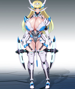 absurdres blonde_hair blue_eyes breasts cleavage clothing_cutout commentary_request commission cyborg di_allez_series expressionless full_body gluteal_fold gradient_hair hairband headgear highres huge_breasts joints leotard long_hair looking_at_viewer mariatoteresa mecha_musume multicolored_hair navel_cutout phantasy_star phantasy_star_online_2 phantasy_star_online_2_new_genesis pixiv_commission robot_joints shiny_skin standing thighs very_long_hair