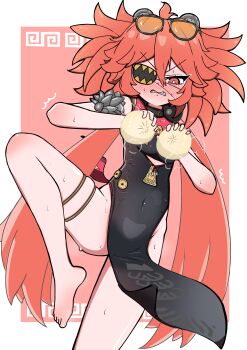 1girl absurdres ahoge animal_ears bare_shoulders bear_ears blush breasts commentary_request eyepatch fake_animal_ears hair_between_eyes hair_ornament highres iamrogk koleda_belobog long_hair looking_at_viewer red_eyes red_hair solo sphere_hair_ornament twintails zenless_zone_zero