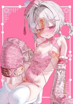 1girl :q arm_support bare_shoulders blush braid braided_hair_rings breasts china_dress chinese_clothes cleavage_cutout clothing_cutout commentary cross-laced_clothes cross-laced_dress detached_sleeves dress food hair_rings halloween hat highres jiangshi_costume kakuma_aru kamaboko looking_at_viewer maebari narutomaki ofuda ofuda_on_head ofuda_on_nipples ofuda_on_pussy original pasties pelvic_curtain pink_dress pink_eyes qingdai_guanmao sideless_dress sleeves_past_fingers sleeves_past_wrists small_breasts solo thighhighs thighs tongue tongue_out white_hair white_thighhighs wide_sleeves