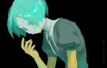 1other a_kanimiso_a androgynous aqua_eyes aqua_hair black_background black_jacket black_necktie closed_mouth collared_shirt colored_eyelashes colored_skin colored_tears commentary crying crying_with_eyes_open eyes_visible_through_hair gem_uniform_(houseki_no_kuni) golden_arms hand_up highres houseki_no_kuni jacket necktie other_focus phosphophyllite puffy_short_sleeves puffy_sleeves shirt short_hair short_sleeves simple_background solo tears twitter_username upper_body white_shirt white_skin