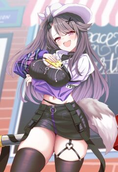 1girl :d absurdres arm_support arm_under_breasts azur_lane black_ribbon black_skirt blush breast_rest breasts brown_hair cleavage commentary_request crop_top cropped_hoodie day fang fox_tail garter_straps gradient_hair hair_ornament hair_over_one_eye hair_ribbon hairclip hat heart heart_o-ring highres hip_focus hood hoodie kokonoe910 large_breasts long_hair medium_breasts miniskirt multicolored_hair navel o-ring o-ring_garter_straps open_mouth outdoors pamiat_merkuria_(azur_lane) pamiat_merkuria_(chic_and_cheeky)_(azur_lane) pink_eyes purple_hair ribbon side_ponytail single_garter_strap skindentation skirt smile smug solo tail thighhighs thighs very_long_hair white_hat x_hair_ornament