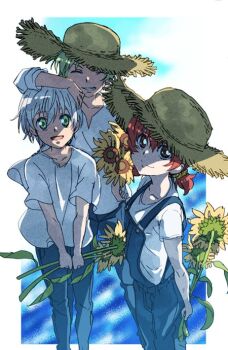 Rule 34 | 1girl, 2boys, closed mouth, denim, flower, fumiko (mesushi), green eyes, green hair, hat, iria animi, jeans, looking at viewer, multiple boys, open mouth, pants, red eyes, red hair, ruca milda, short hair, smile, spada belforma, straw hat, sunflower, suspenders, tales of (series), tales of innocence, white hair