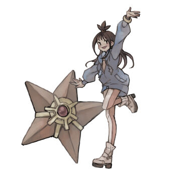 1girl :d absurdres blue_hoodie boots cube_hair_ornament full_body gen_1_pokemon hair_ornament highres hood hoodie ichi_kawa_ichi leggings lida_(pokemon) long_hair long_sleeves looking_at_viewer mega_ring nintendo open_mouth orange_leggings pokemon pokemon_legends:_z-a shoes smile solo standing standing_on_one_leg staryu topknot two-tone_legwear white_background white_leggings wispy_bangs