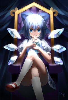 Rule 34 | 1girl, blue eyes, blue hair, cirno, crossed legs, female focus, frog, frozen, frozen frog, highres, ice, light, looking at viewer, matching hair/eyes, on throne, otaku (artist), short hair, sitting, smile, solo, throne, touhou, wings