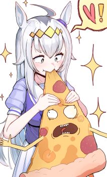 ! 1girl absurdres antenna_hair artist_request crossover eating food green_eyes grey_hair hair_between_eyes heart highres horse_girl long_hair oguri_cap_(umamusume) open_mouth pepperoni pepperoni_pizza personification pizza pizza_crust pleated_skirt rick_and_morty school_uniform screaming skirt speech_bubble spoken_exclamation_mark star_(symbol) star_in_eye symbol_in_eye tongue tracen_school_uniform umamusume white_background