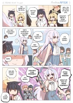 1boy aged_up ahoge airi_(blue_archive) animal_ears annoyed bare_shoulders black_choker black_hair blonde_hair blue_archive blue_skirt breasts brown_eyes brown_hair cat_ears choker comic finger_on_trigger frilled_shirt frills green_eyes gun gun_sling hair_over_shoulder halo height_difference kazusa_(blue_archive) long_gun long_hair mabufuyo medium_breasts multicolored_hair multiple_girls neck_bell open_mouth pink_eyes pink_hair pink_halo purple_hair school_uniform sensei_(blue_archive) shaded_face shirt short_hair sidelocks skirt sleeveless sleeveless_shirt smile speech_bubble teeth twintails upper_teeth_only weapon wide-eyed yellow_eyes yellow_halo yoshimi_(blue_archive)