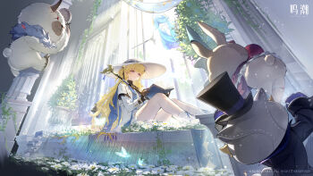 1girl absurdres black_gloves blonde_hair book character_name closed_mouth dress english_text gloves hat highres holding holding_book knees_up logo long_hair nimbus_wraith_(wuthering_waves) official_art pantyhose phoebe_(wuthering_waves) purple_eyes sitting smile solo tacet_discord_(wuthering_waves) very_long_hair white_dress white_hat white_pantyhose wide_shot wuthering_waves