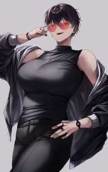 1girl absurdres black_hair black_jacket black_nails black_pants black_shirt breasts commentary ear_piercing earrings glasses gradient_hair highres jacket jewelry large_breasts long_sleeves may_(ulularts) multicolored_hair necklace open_mouth orange-framed_eyewear original pants piercing round_eyewear shirt smile solo streaked_hair symbol-only_commentary ulularts watch white_hair wristwatch