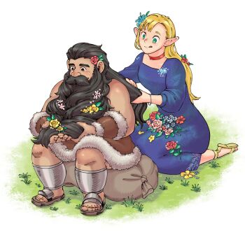 1boy 1girl armor bare_shoulders beard beard_flower black_hair blonde_hair blue_dress braid dress dungeon_meshi dwarf elf facial_hair flower grass green_eyes hair_flower hair_ornament hand_in_another's_hair highres holding holding_another's_hair i_(220_i_284) kneeling leather_armor long_beard long_hair marcille_donato mustache on_grass on_ground outdoors playing_with_another's_hair pointy_ears senshi_(dungeon_meshi) sitting sleeveless thick_mustache very_long_beard