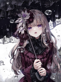 1girl black_bow black_bowtie black_umbrella blurry blurry_background blurry_foreground bow bowtie brown_hair cross cross_necklace crying depth_of_field dress flower frilled_dress frilled_sleeves frills greek_cross hair_flower hair_ornament highres holding holding_umbrella jewelry long_hair long_sleeves looking_at_viewer missile228 necklace open_mouth original outdoors purple_eyes red_dress red_veil solo tears umbrella veil white_flower