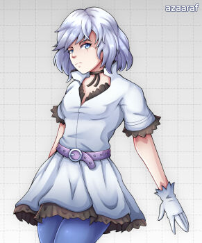 1girl alternate_hair_length alternate_hairstyle artist_name azaaraf black_ribbon blue_eyes blue_pantyhose bob_cut closed_mouth commentary cowboy_shot dress english_commentary eyelashes gloves grid_background highres neck_ribbon official_alternate_costume pantyhose ribbon rwby scar scar_across_eye scar_on_face short_hair short_sleeves solo split_mouth weiss_schnee white_dress white_gloves white_hair