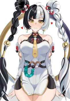 1girl absurdres ahoge bare_shoulders black_hair black_shorts blush braid braided_twintails breasts chakram china_dress chinese_clothes closed_mouth commentary_request dialyn_(zenless_zone_zero) dress earrings hair_extensions hair_intakes hair_ornament hairclip heart highres jewelry legs_together long_hair looking_at_viewer medium_breasts multicolored_hair necktie ouichi panda_hair_ornament ring_hair_extensions shorts simple_background sitting smile solo split-color_hair twintails weapon white_background white_dress white_hair wire yellow_eyes yellow_necktie zenless_zone_zero