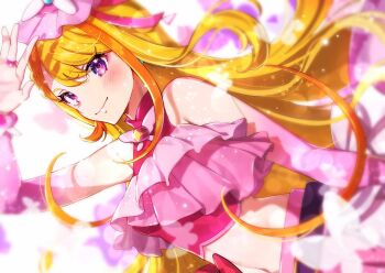 1girl belt black_belt blonde_hair blurry braid braided_bangs bridal_gauntlets brooch butterfly_hat_ornament commentary cropped_shirt cure_butterfly dutch_angle elbow_gloves frilled_shirt frills gloves hat hat_ornament hijiri_ageha hirogaru_sky!_precure jewelry light_particles long_hair magical_girl midriff mob_cap multicolored_hair navel orange_hair pink_gloves pink_hat pink_shirt pink_skirt pleated_skirt precure purple_eyes shinishi_chiho shirt skirt sleeveless sleeveless_shirt solo tilted_headwear two-tone_hair very_long_hair wing_brooch