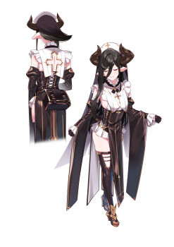 1boy absurdres black_hair boots closed_eyes commentary crossdressing crossdressing_(mtf) detached_sleeves english_commentary from_behind gloves half_gloves hiememiko high_heel_boots high_heels highres horns long_hair multiple_views original pelvic_curtain pointy_ears second-party_source thigh_boots trap very_long_hair white_background wide_sleeves