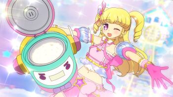 1girl 3d :d blonde_hair blush bow detached_sleeves fairy_kei frills gloves hair_bow hair_ornament idol_clothes idol_time_pripara long_hair looking_at_viewer official_art open_mouth otudane outstretched_arms pink_skirt pretty_series pripara puffy_detached_sleeves puffy_sleeves purple_eyes rice rice_cooker ringlets skirt smile solo sparkle sparkling_aura star_(symbol) star_hair_ornament star_in_eye symbol_in_eye takki_(pripara) two_side_up yume_kawaii yumekawa_yui