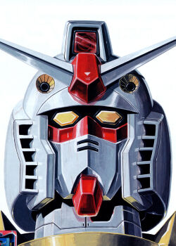 1980s_(style) commentary_request earth_federation gun gundam highres machine_gun mecha mecha_focus mobile_suit mobile_suit_gundam no_humans official_art oldschool ookawara_kunio painting_(medium) portrait promotional_art realistic retro_artstyle robot rx-78-2_gundam scan science_fiction solo traditional_media v-fin weapon white_background yellow_eyes