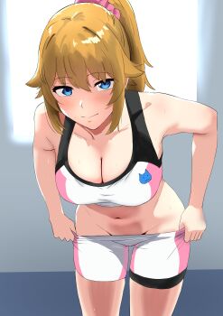1girl absurdres bare_shoulders beta04655881 bike_shorts bike_shorts_pull blue_eyes breasts brown_hair cleavage closed_mouth collarbone commentary cowboy_shot groin gundam gundam_build_fighters gundam_build_fighters_try hair_between_eyes hair_ornament hair_scrunchie highres hoshino_fumina indoors large_breasts leaning_forward looking_at_viewer medium_hair midriff naughty_face navel pink_scrunchie pink_shorts pink_sports_bra ponytail pulling_own_clothes scrunchie seductive_gaze seductive_smile shorts sidelocks smile solo sports_bra standing sweat teasing textless_version two-tone_sports_bra undressing white_shorts white_sports_bra