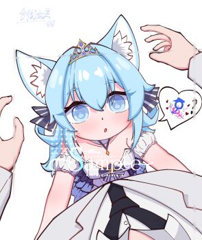 1boy 1girl absurdres animal_ear_fluff animal_ears azur_lane black_necktie black_ribbon blue_eyes blue_hair breasts cat_ears cat_girl commander_(azur_lane) dress frilled_dress frills hair_between_eyes hair_ribbon highres huanchuang10772 hug interlocked_mars_and_venus_symbols looking_at_viewer mars_symbol necktie official_alternate_costume parted_lips petite pov ribbon simple_background small_breasts suzunami_(azur_lane) suzunami_(winter_beauty&#039;s_ball_gown)_(azur_lane) tiara venus_symbol watermark white_background