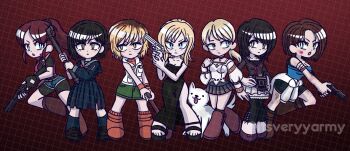 Rule 34 | 6+girls, amakura mio, aya brea, bellows camera, black dress, black hair, blonde hair, blood, brown hair, bruise, camera, claire redfield, clothes around waist, commentary, crossover, demento, dog, dress, english commentary, fatal frame, fatal frame ii: crimson butterfly, fiona belli, full body, gun, handgun, heather mason, hewie, highres, holding, holding lead pipe, injury, itsveryyarmy, jill valentine, lead pipe, multiple crossover, multiple girls, parasite eve (series), parasite eve i, ponytail, resident evil, resident evil 2, resident evil 3: nemesis, school uniform, shimizu hinako, short hair, shotgun, silent hill (series), silent hill 3, silent hill f, skirt, torn clothes, torn skirt, trait connection, weapon, white dog