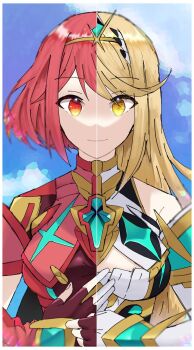 1girl 2girls blonde_hair breasts cleavage highres large_breasts long_hair multiple_girls mythra_(xenoblade) pyra_(xenoblade) red_eyes red_hair short_hair smile split_screen xenoblade_chronicles_(series) xenoblade_chronicles_2 yellow_eyes