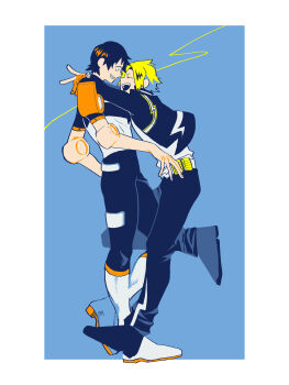 2boys a_nzi_end absurdres belt black_hair black_jacket black_pants blonde_hair blue_background bodysuit boku_no_hero_academia border commentary_request full_body grid_teeth highres hug jacket kaminari_denki male_focus multiple_boys pants sero_hanta short_hair white_border yaoi