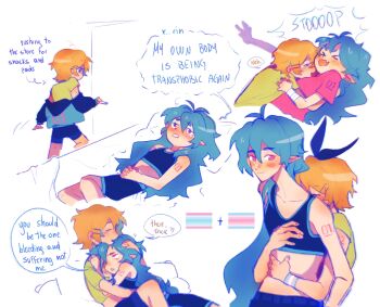 >_< 2others antenna_hair black_hairband blue_hair blush closed_eyes closed_mouth commentary english_commentary english_text fang flat_chest hair_between_eyes hair_ornament hairband hairclip hatsune_miku highres kagamine_rin lgbt_pride long_hair menstrual_cramps menstruation mikurinkuwu multiple_others multiple_views number_tattoo orange_hair other_focus pink_eyes pink_shirt shirt short_hair short_sleeves shoulder_tattoo simple_background smile speech_bubble tattoo transfeminine_flag transmasculine_flag vocaloid white_background