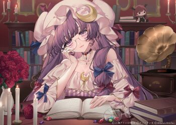 1girl bare_shoulders black_choker blue_bow blunt_bangs blurry blurry_background book bookshelf bow breasts candle chain choker choker_jewel cleavage commentary_request crescent crescent_hat_ornament crescent_necklace cup doll dress drinking_glass eyewear_strap fingernails flower flower_pot frilled_dress frilled_sleeves frills gem glasses gold_chain gold_trim hair_bow hand_up hands_on_table hat hat_ornament head_tilt highres indoors jewelry koakuma light_smile lips long_fingernails long_hair long_sleeves looking_at_viewer mob_cap necklace neko-san_(dim.dream) open_book patchouli_knowledge phonograph pile_of_books pink_hat portrait purple_eyes purple_hair red_bow red_flower red_rose rose round_eyewear semi-rimless_eyewear sidelocks sleeve_bow solo strapless strapless_dress striped_clothes striped_dress touhou touhou_danmaku_kagura upper_body wine_glass