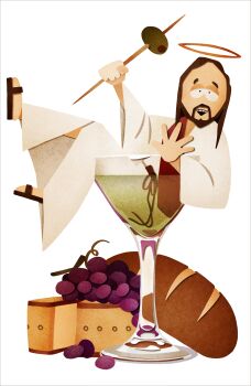 1boy absurdres beard bread brown_hair cheese cocktail_glass cup drinking_glass facial_hair food fruit full_body grapes halo highres in_container in_cup jesus leoscoolworld male_focus medium_hair olive robe sandals sitting solo south_park south_park_(style) toothpick white_background white_robe