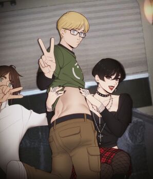1girl 2boys alternate_universe armin_arlert bangle belt black_belt black_eyeshadow black_hair black_nails black_shirt blonde_hair blue_eyes bracelet breasts brown_hair brown_pants buttons cleavage clothes_lift contemporary couch cross cross_earrings cross_necklace derivative_work earrings eren_yeager eyeshadow fingernails fishnet_pantyhose fishnets goth_fashion green_eyes green_shirt grey_eyes hair_between_eyes hand_on_another&#039;s_stomach hand_over_face hanpetos jewelry leaning_forward makeup medium_breasts midriff midriff_peek mikasa_ackerman multiple_boys multiple_bracelets multiple_earrings multiple_necklaces multiple_rings nail_polish necklace open_mouth pants pantyhose parted_bangs plaid_clothes plaid_skirt print_shirt puckered_lips red_lips red_skirt ring sharp_fingernails shingeki_no_kyojin shirt shirt_lift shirt_under_shirt shoes short_hair sitting skirt skull_ring smile studded_choker v white_shirt white_shoes window_blinds