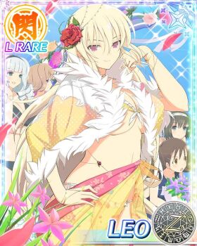 5girls :d ahoge aimu_(senran_kagura) aqua_eyes aquarius_(symbol) aries_(symbol) bikini black_bikini black_hairband blonde_hair blue_eyes blue_sky blush bob_cut border bouquet bracelet breasts brown_eyes brown_hair capelet capricorn_(symbol) card_(medium) character_name cleavage curled_ends curly_hair day dodecagram drill_hair drill_sidelocks english_text falling_petals floral_print_sarong flower front-tie_bikini_top front-tie_top fur-trimmed_capelet fur_trim gemini_(symbol) ginrei_(senran_kagura) gold_bracelet gold_ring grey_hair hair_between_eyes hair_flower hair_ornament hairband hand_on_own_hip jewelry kurohoro_(senran_kagura) large_breasts leaf leaf_hair_ornament leo_(senran_kagura) leo_(symbol) libra_(symbol) linea_alba long_hair looking_at_viewer micro_bikini multiple_drills multiple_girls navel official_art open_mouth orange_flower orange_rose outdoors petals pink_flower pink_rose pisces_(symbol) purple_eyes purple_flower purple_rose red_flower red_rose rose sagittarius_(symbol) school_emblem school_swimsuit scorpio_(symbol) senran_kagura senran_kagura_new_wave shiny_skin short_hair shuriken side-tie_bikini_bottom sidelocks sky smile sparkle swimsuit syuri_(senran_kagura) taurus_(symbol) thorns twintails very_long_hair virgo_(symbol) weapon yellow_bikini yellow_capelet yellow_flower yellow_rose zodiac_wheel