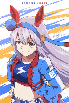 1girl absurdres animal_ears belt blue_belt blue_eyes blue_hairband blue_jacket blue_sports_bra closed_mouth crop_top ear_covers ear_ornament fingerless_gloves gloves grey_hair grey_tail hair_between_eyes hairband hands_on_own_hips headband highres horse_ears horse_girl horse_tail jacket lightning_bolt_print lightning_bolt_symbol long_hair long_sleeves midriff navel pants rahibizzz red_headband smile solo sports_bra striped_clothes striped_hairband tail tamamo_cross_(umamusume) tamamo_cross_(with_lightning_speed)_(umamusume) umamusume umamusume:_cinderella_gray upper_body very_long_hair white_pants