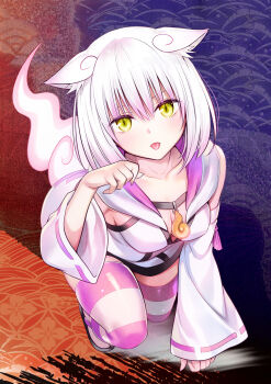 Rule 34 | 1girl, :p, alternate form, ayakashi triangle, cleaned, commentary, derivative work, detexted, english commentary, eyelashes, highres, kanade suzu, looking at viewer, momocchi18, short hair, slit pupils, solo, striped clothes, striped thighhighs, thighhighs, thighs, third-party edit, tongue, tongue out, white hair, yabuki kentarou, yellow eyes