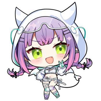 1girl :d asymmetrical_footwear bandaid bandaid_on_knee bandaid_on_leg blush braid chibi chibi_only commentary_request crop_top cropped_shirt fang full_body gloves green_eyes green_gloves green_shoes grey_socks hair_ornament hairclip hand_up hat hololive kashiwase_karune knee_pads long_hair long_sleeves looking_at_viewer micro_shorts mismatched_footwear multicolored_hair navel open_mouth parallel_hairclips pink_hair purple_hair purple_shoes roller_skates shirt shoes shorts simple_background skates smile socks solo standing streaked_hair tokoyami_towa transparent_background twin_braids v virtual_youtuber white_hat white_shirt white_shorts