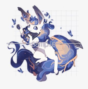 Rule 34 | alternate color, alternate shiny pokemon, animal focus, blue fire, blue sclera, bug, butterfly, chinese commentary, colored sclera, commentary request, commission, fiery tail, fire, flareon, fluffy, full body, gen 1 pokemon, grid background, highres, insect, kamier586, nintendo, no humans, open mouth, original, pawpads, pokemon, pokemon (creature), pokemon focus, rearing, sample watermark, simple background, solo, tail, watermark, white background, white eyes, white fur