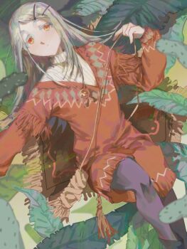 Rule 34 | 1girl, black pantyhose, blonde hair, closed mouth, colored eyelashes, dress, feet out of frame, gakuen idolmaster, hair ornament, hairclip, hashtag-only commentary, holding strap, idolmaster, jewelry, leaf, long hair, long sleeves, looking at viewer, lying, necklace, orange eyes, pantyhose, parallel hairclips, pendant, prototype design, red dress, ribbed sweater, seasonata, shinosawa hiro, short dress, solo, sweater, swept bangs, v-neck, white sweater