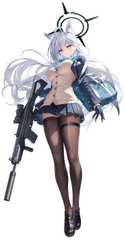 1girl absurdres alternate_costume animal_ear_fluff animal_ears assault_rifle bag black_gloves black_jacket black_shoes black_thighhighs blue_archive blue_bag blue_eyes blue_halo blue_scarf blush breasts cardigan commentary_request cross_hair_ornament extra_ears gloves gun hair_between_eyes hair_ornament halo highres holding holding_bag holding_rifle jacket k_(kih8707) large_breasts long_hair looking_at_viewer open_clothes open_jacket rifle scarf shiroko_terror_(blue_archive) shoes solo thigh_strap thighhighs weapon wolf_ears wolf_girl yellow_cardigan