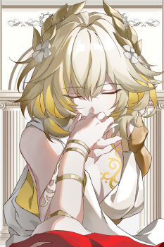 Rule 34 | 1girl, 1other, absurdres, aglaea (honkai: star rail), ancient greek clothes, blonde hair, breast tattoo, breasts, cleavage, closed eyes, commentary request, dress, evzeva, flower, gold tattoo, greco-roman clothes, hair flower, hair ornament, highres, honkai: star rail, honkai (series), kiss, kissing hand, large breasts, laurel crown, short hair, tattoo, white dress