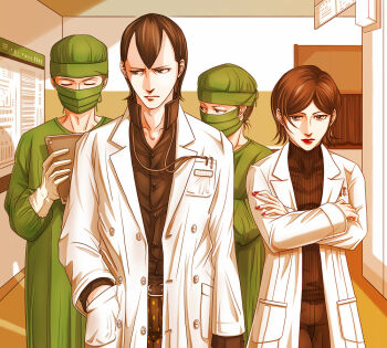 1boy 1girl 2others black_hair black_shirt breast_pocket buttons closed_eyes coat commentary_request crossed_arms gloves green_hat hand_in_pocket hat hikawa_(megami_tensei) hospital lab_coat looking_at_viewer looking_to_the_side mask medical_gloves medical_scrubs mouth_mask multiple_others pocket red_lips red_nails shin_megami_tensei shin_megami_tensei_iii:_nocturne shirt short_hair stethoscope_around_neck surgical_mask takao_yuko turtleneck watabashi_yf white_coat