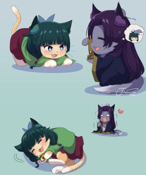 :d absurdres animal animal_with_hair animalization black_hair blue_eyes blush broken_heart cat cat_tail chinese_clothes clothed_animal commentary green_jacket grey_background hanfu happy heart highres j_humbo jacket jinshi_(kusuriya_no_hitorigoto) kusuriya_no_hitorigoto long_hair long_sleeves maomao_(kusuriya_no_hitorigoto) open_mouth simple_background smile speech_bubble symbol-only_commentary tail thought_bubble