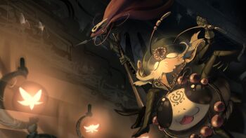 absurdres antennae arm_up armor arthropod_boy arthropod_girl beads black_eyes black_hair black_skin bug butterfly choir_flyer_(hollow_knight) choristor_(hollow_knight) clenched_hand cloak colored_skin facial_hair facial_tattoo garmond_(hollow_knight) gauntlets glowing_butterfly grand_reed_(hollow_knight) green_helmet helmet highres holding holding_weapon hollow_eyes hollow_knight hollow_knight:_silksong horned_mask hornet_(hollow_knight) horns insect lace_(hollow_knight) long_mustache mask mustache needle_(hollow_knight) onionsued pin_(hollow_knight) red_cloak riding riding_animal rosary tattoo thread tongue tongue_out weapon white_eyes white_mask zaza_(hollow_knight)