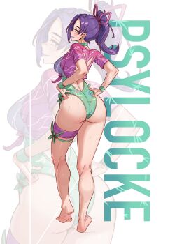 1girl absurdres alternate_costume ass backless_swimsuit barefoot breasts butterfly_ornament cleavage commission curvy emmettart fantastic_four full_body green_lips green_one-piece_swimsuit hair_ribbon highleg highleg_one-piece_swimsuit highres large_breasts long_hair looking_at_viewer looking_back marvel marvel_rivals official_alternate_costume one-piece_swimsuit ponytail psylocke psylocke_(breezy_butterfly) purple_hair ribbon shiny_skin smile solo swimsuit wide_hips x-men zoom_layer