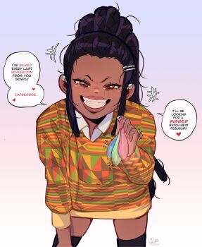 1girl absurdres alternate_hairstyle alternate_skin_color alternate_universe argyle baiting bent_over black_hair black_thighhighs brown_eyes brown_lips chocotoro collared_shirt commentary condom dark-skinned_female dark_skin dreadlocks dress earclip english_commentary english_text forehead grin hair_ornament hairclip hand_on_own_knee highres holding holding_condom ijiranaide_nagatoro-san implied_after_sex long_hair looking_at_viewer mahmapuu nagatoro_hayase naughty_face over-kneehighs print_sweater racism artist_self-insert shirt smile solo speech_bubble sweater sweater_dress teeth thighhighs typo used_condom very_dark_skin