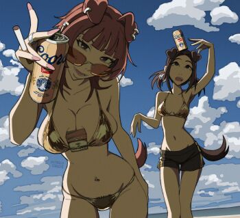 2girls absurdres animal_ears beer_can between_breasts bikini bikini_bottom_under_shorts bikini_under_clothes breasts brown_eyes brown_hair can can_on_head cigarette cigarette_pack cloud dog_ears dog_girl dog_tail drink_can earrings extra_ears gold_bikini highres hitsuji_(hitsujigoods) holding holding_can holding_cigarette jewelry large_breasts midriff mitsu_(hitsujigoods) multiple_girls navel navel_piercing original piercing red_hair ring short_hair shorts sky small_breasts sunglasses swimsuit tail vivi_(hitsujigoods)